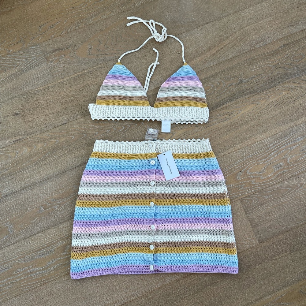 Lovers + Friends Pastel Rainbow Crochet Crop Top & Skirt Set - Picture 2 of 6